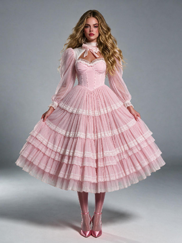 Pink Sheer Puff Sleeves Princess Dress with Ruffle Tiered Skirt WT268021