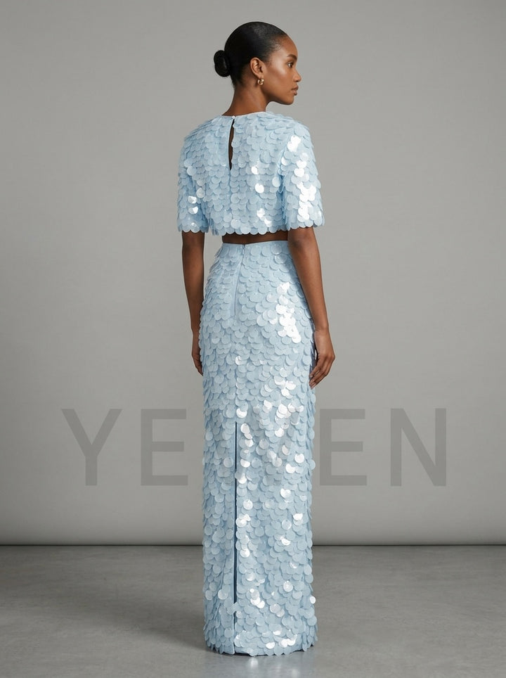 Two-Piece Sequin Party Dress Set with Crop Top and Long Skirt YD261005