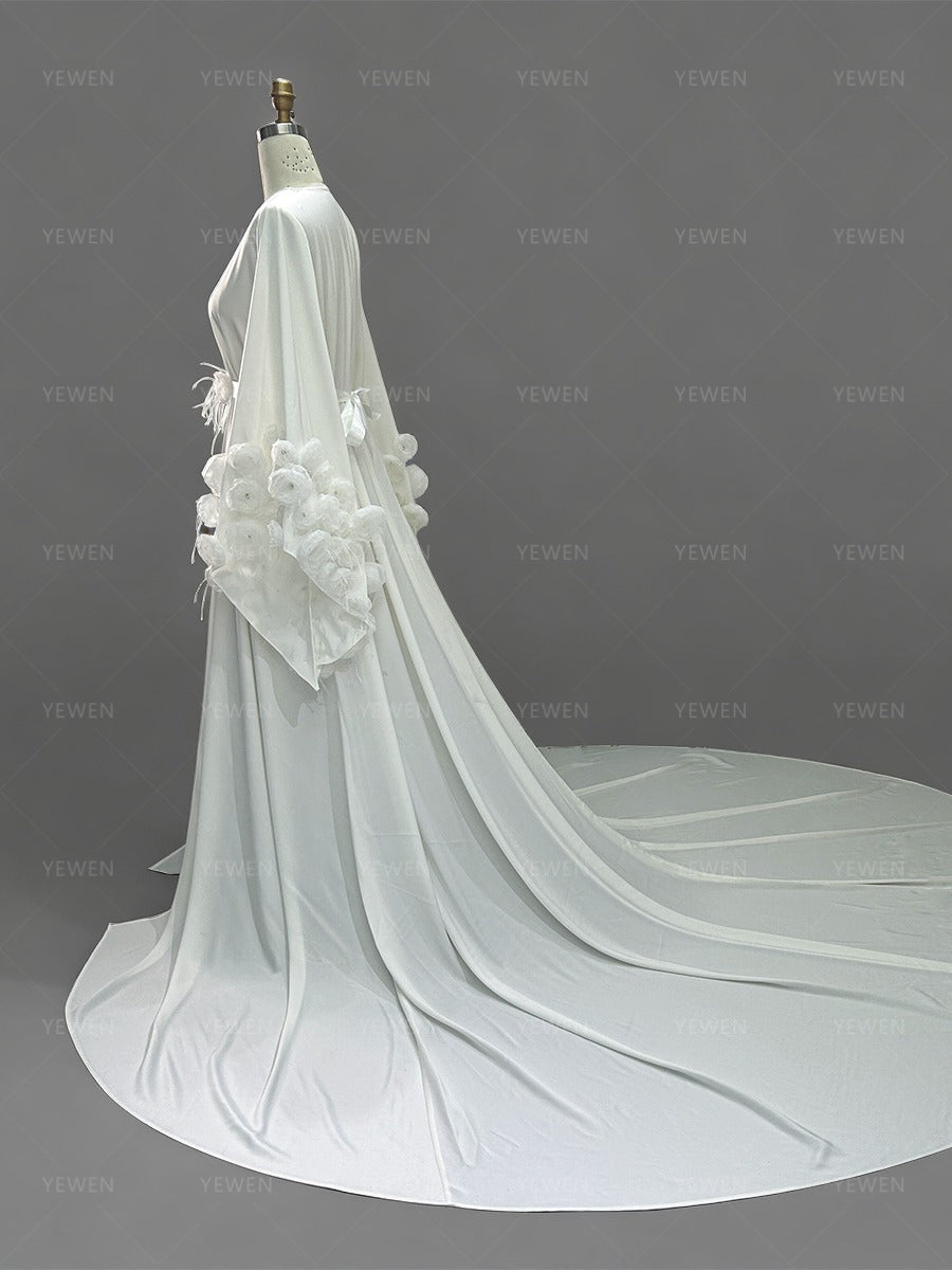 Flowing Bridal Robe Bell Sleeves with Delicate Handmade Flowers Wedding Robe for Bridal YW260248