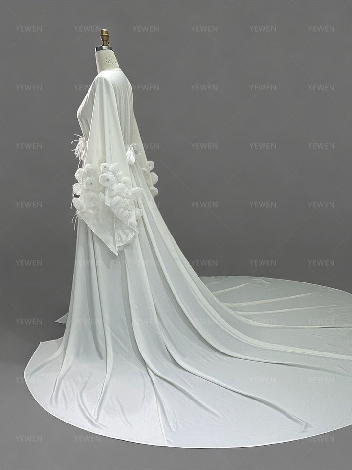Flowing Bridal Robe Bell Sleeves with Delicate Handmade Flowers Wedding Robe for Bridal YW260248