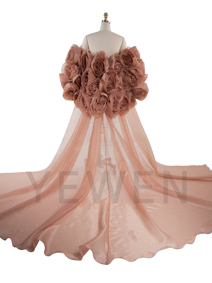 Gorgeous Handmade 3D Flower Short Cape with Detachable Train Elegant Wedding Cover Up Bridal Shawl YW250028