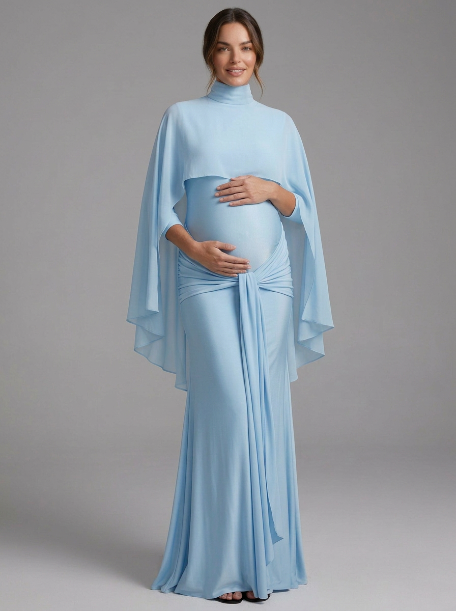 Mock Neck Cape Overlay Twist Knot Maternity Baby Shower Dress YD260923