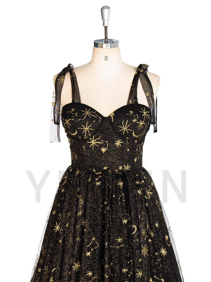 Black Tulle Embroidered Gold Stars Prom Dress High Leg Slit Party Gown W243137