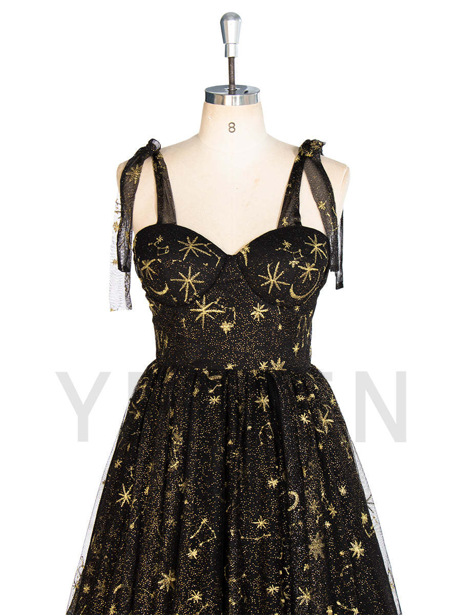 Black Tulle Embroidered Gold Stars Prom Dress High Leg Slit Party Gown W243137 yewendress Black Tulle Embroidered Gold Stars Prom Dress High Leg Slit Party Gown W243137 yewendress