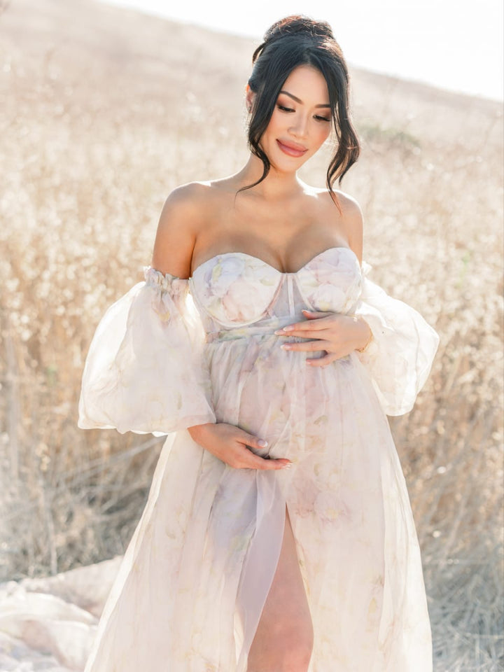 High Waist Printed Floral Organza Dresses for Baby Shower Maternity Gown for Photo Shoot  YW221105-3