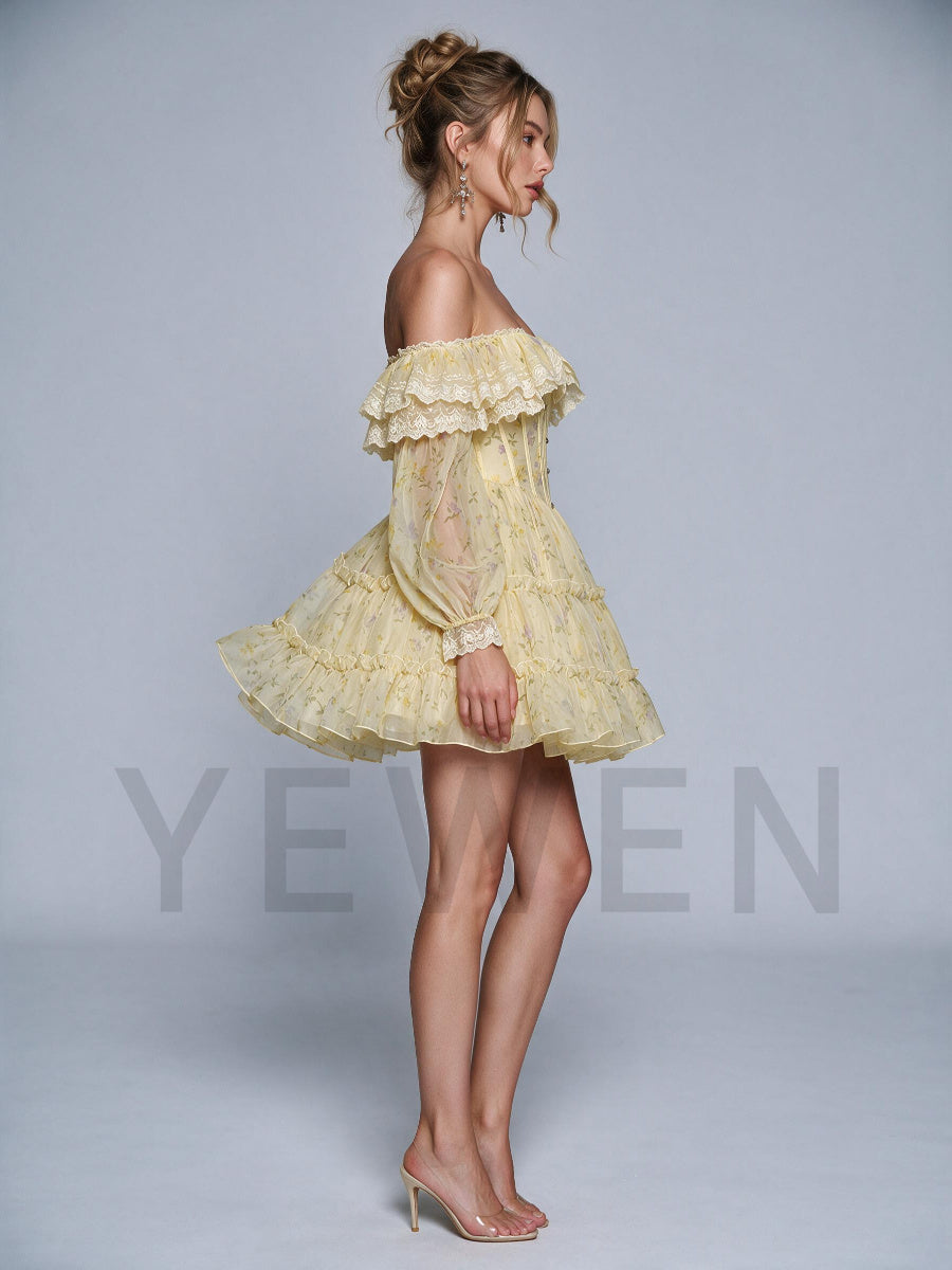 Yellow Off-Shoulder Puff Sleeve Layered Mini Princess Dress WT268007