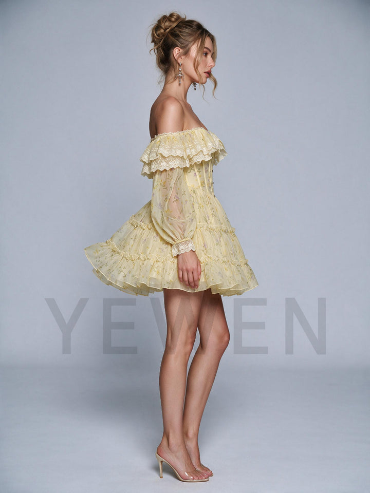 Yellow Off-Shoulder Puff Sleeve Layered Mini Princess Dress WT268007