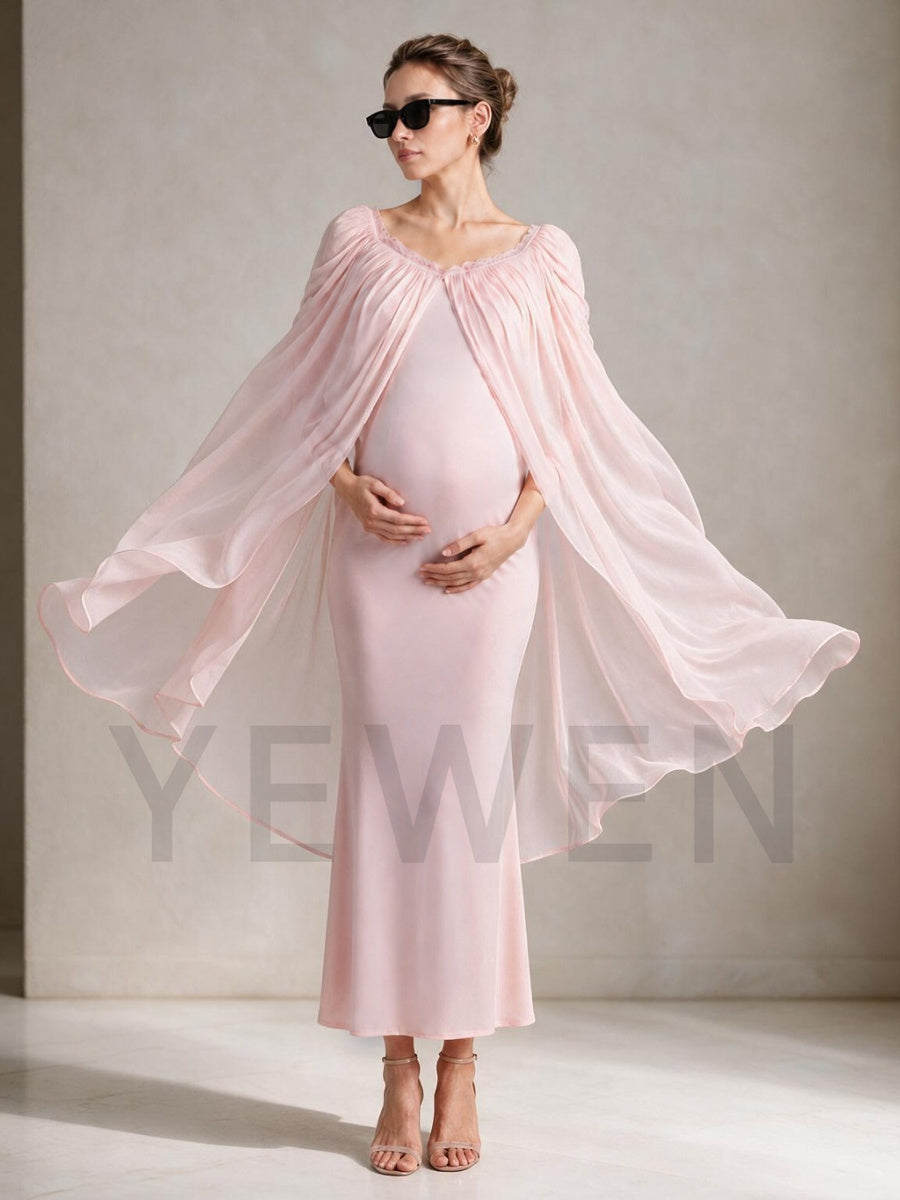Pink Fitted Maternity Baby Shower Dress with Flowy Chiffon Cape L-26931
