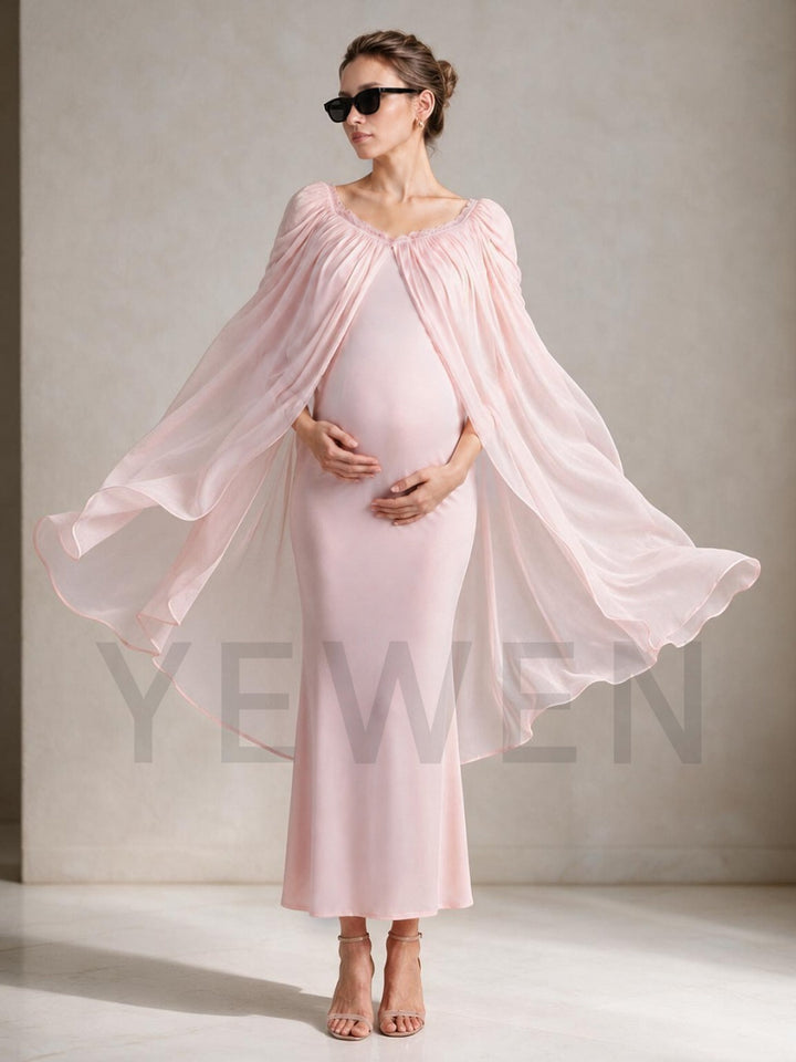 Pink Fitted Maternity Baby Shower Dress with Flowy Chiffon Cape L-26931