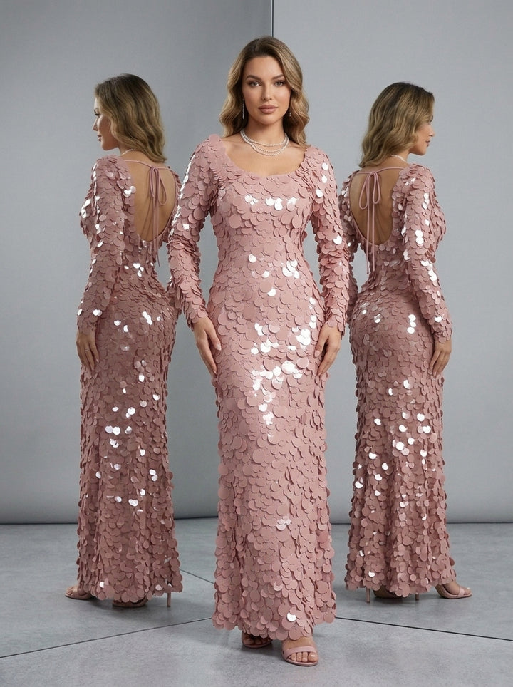 Pink Scoop Neck Big Sequin Long Sleeve Fitted Evening Gown YD261024