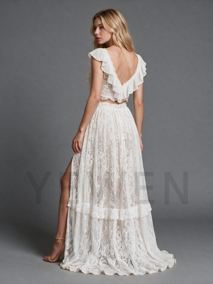 Ivory Two-Piece V-Neck Ruffle Flutter Sleeves Wedding Dress