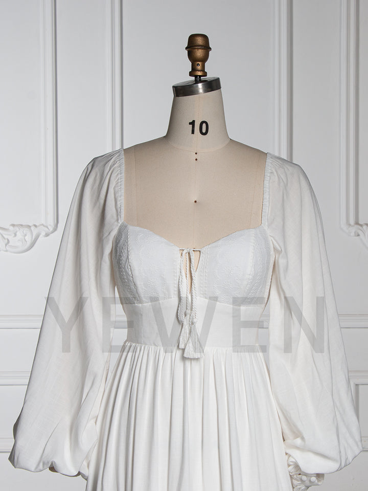 White Boho Maxi Dress Puffed Long Sleeves Beach Photo Shoot Dress YW251006