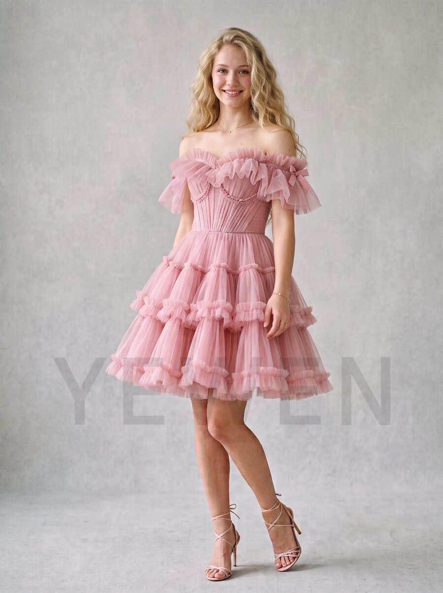 Pink Sheer Puff Sleeve Lace-Up Back Princess Mini Dress ZO260918
