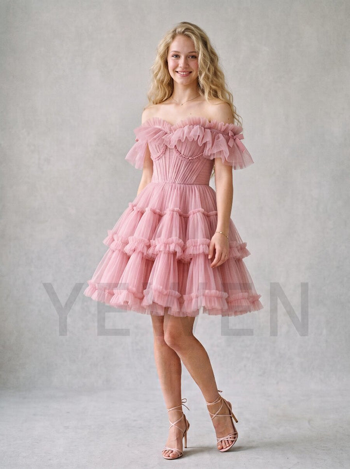 Pink Sheer Puff Sleeve Lace-Up Back Princess Mini Dress ZO260918