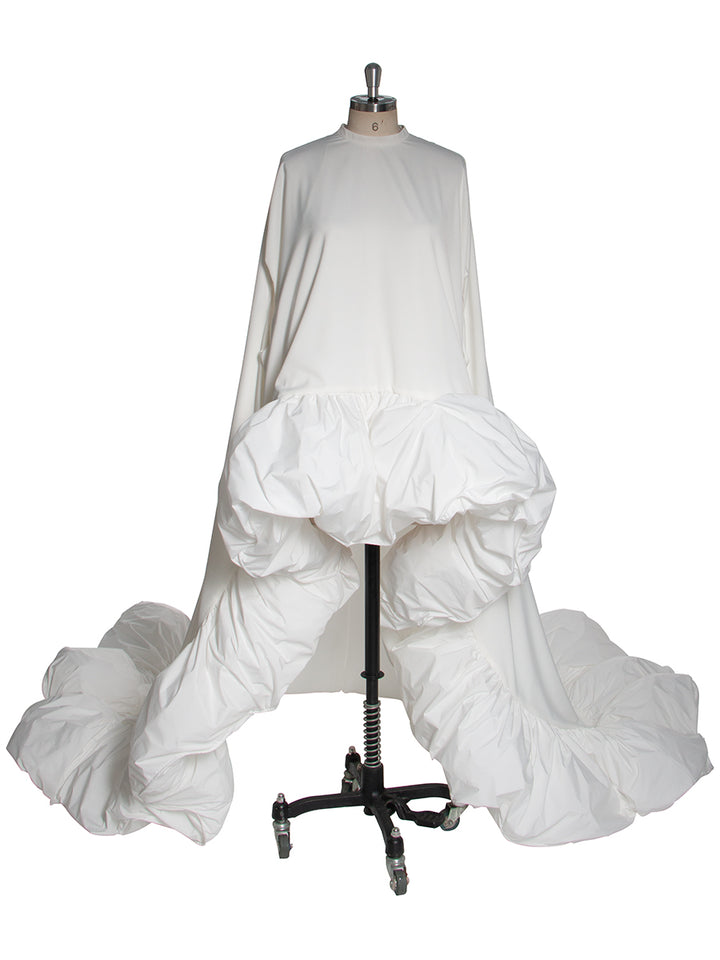 Elegant White Ruched Long Bridal Dress with Train Cape Asymmetrical  Formal Maxi Gown for Wedding Photoshoot YW251021