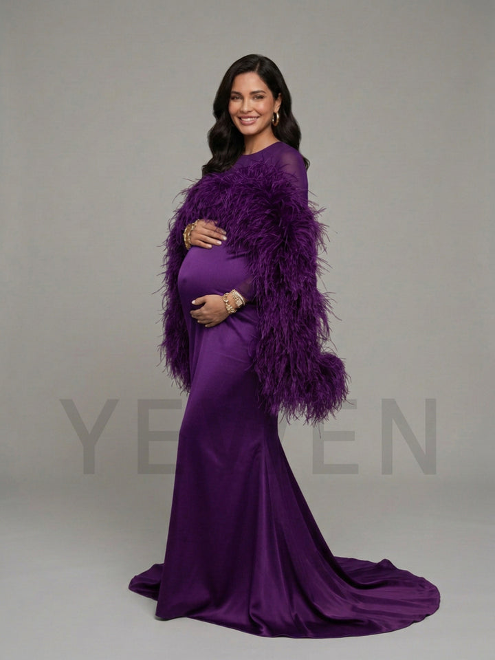 Dramatic Ostrich Feather Cape Maternity Baby Shower Dress YD260917
