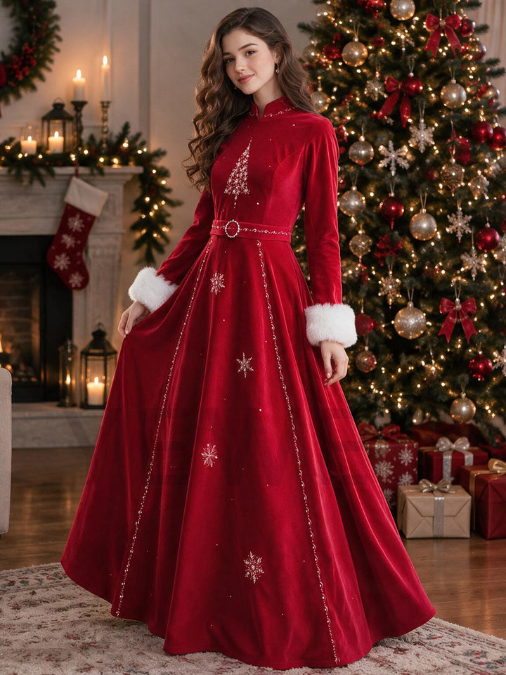 Red Velvet Mandarin Collar Rhinestone Christmas Dress with Fur Cuffs