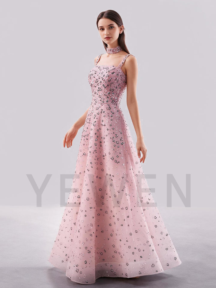 A-Line Square Neck Sequin Floral Evening Gown YX007