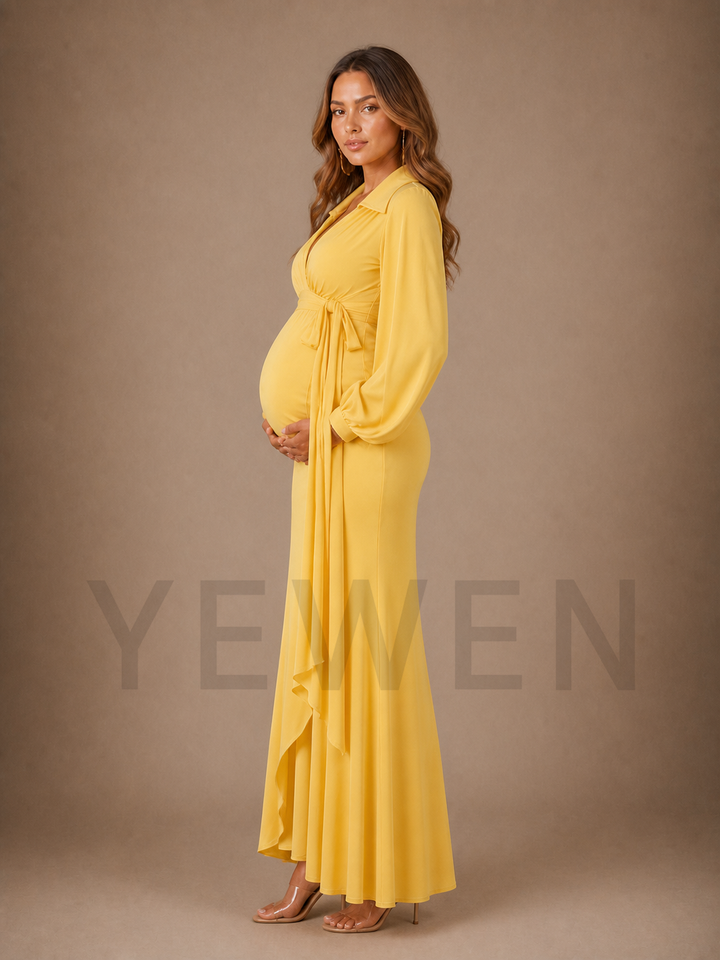 Yellow V-Neck Maternity Baby Shower Dress with Lantern Sleeves ZX017