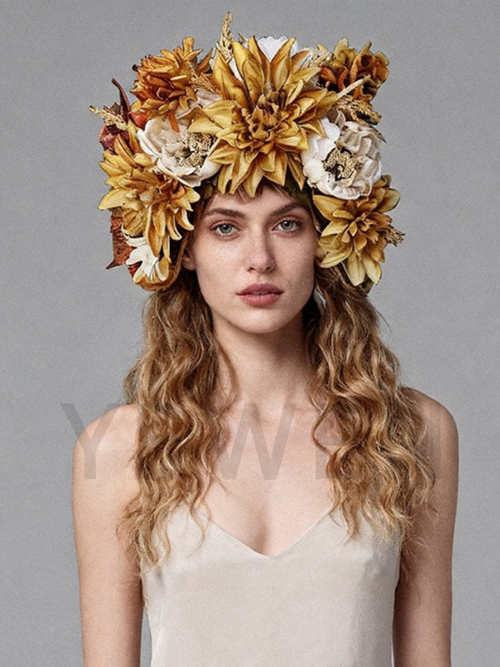 Floral Headdress Golden Sunflower Floral Crown for Boho Wedding Bridal Flower Headdress Photoshoot Wedding Crown YW2603052D