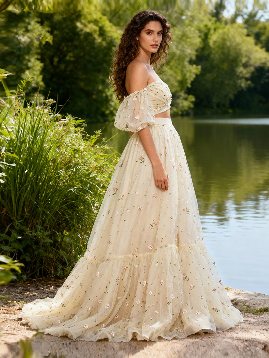 New Tulle with Embroidered Woman 2 Pieces Set Gown Elastic Waist Photo Shoots Dress YW231030