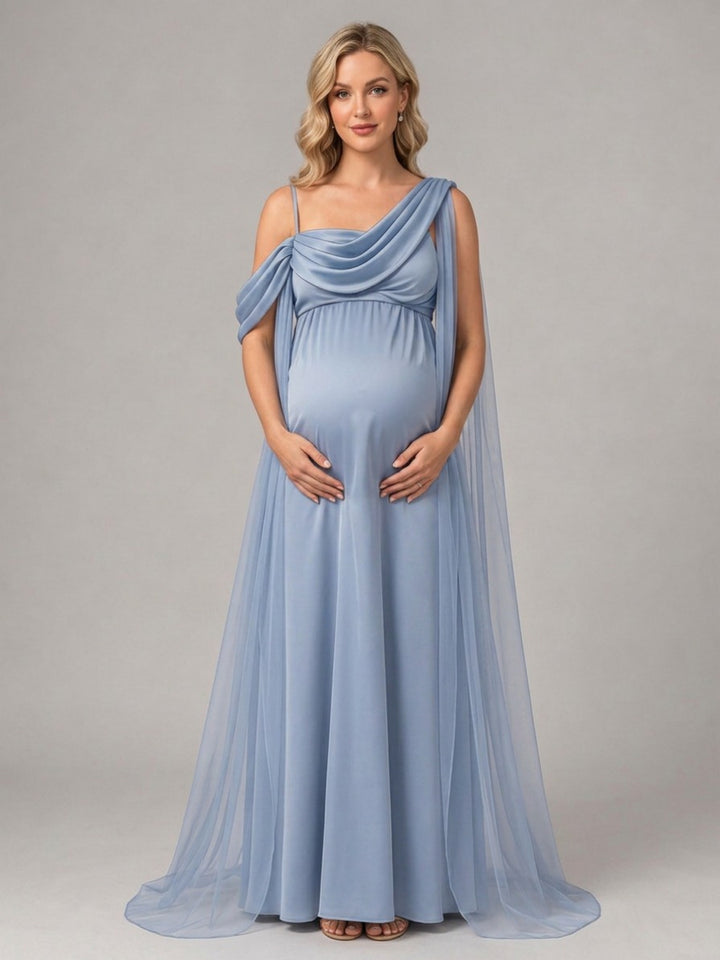 Blue One-Shoulder Maternity Baby Shower Dress with Sheer Cape L-26919