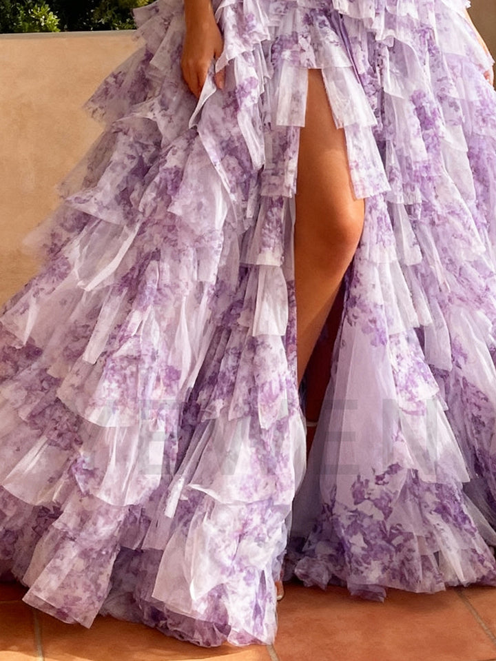Fancy Evening Dress A Line High Slit Tiered Ruffles Floral Printed Prom Dress