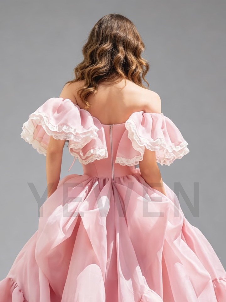 Blush Pink Organza Dress Off-shoulder Corset Gown for Photoshoot Adjustable Train Length