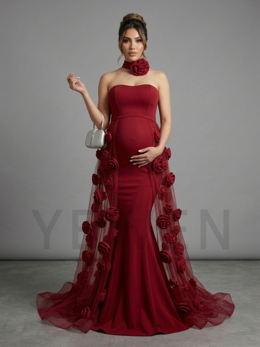 Strapless Mermaid Maternity Photoshoot Gown with 3D Rose Train YD260916
