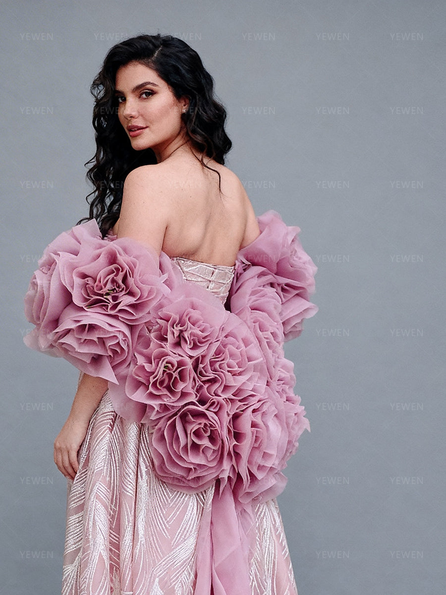 Luxurious Bridal Shrug. Rose Wedding Cape. Custom Color Flowery Shawl. Dreamy Event Cape with Sleeves