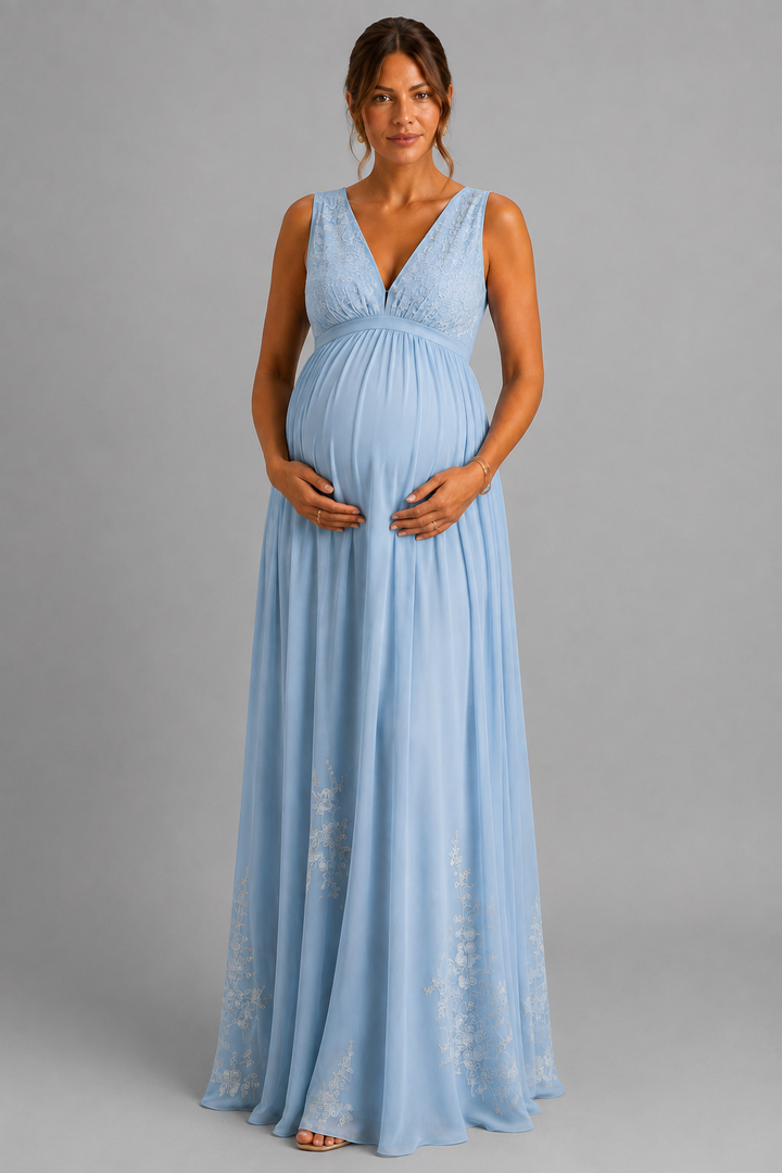 Blue V-Neck Maternity Baby Shower Maxi Dress with Illusion Lace L-26816