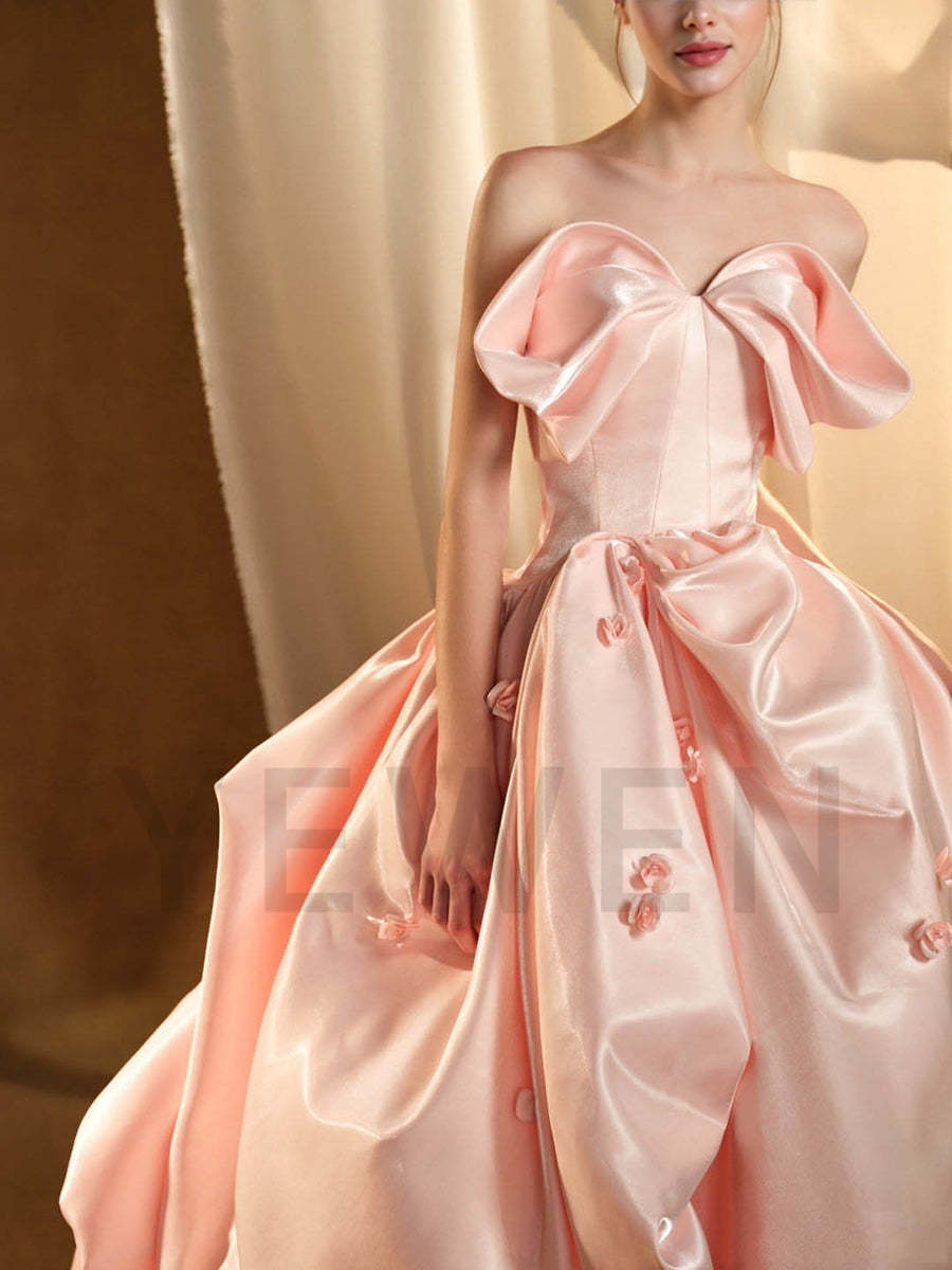 High-end Fashion Candy Pink Satin Cascading Ruffles Prom Dress Wedding Party Dress