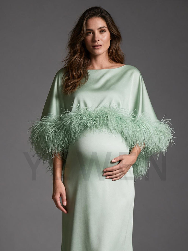 Boat Neck Ostrich Feather Satin Cape Maternity Dress for Baby Shower YW2609231