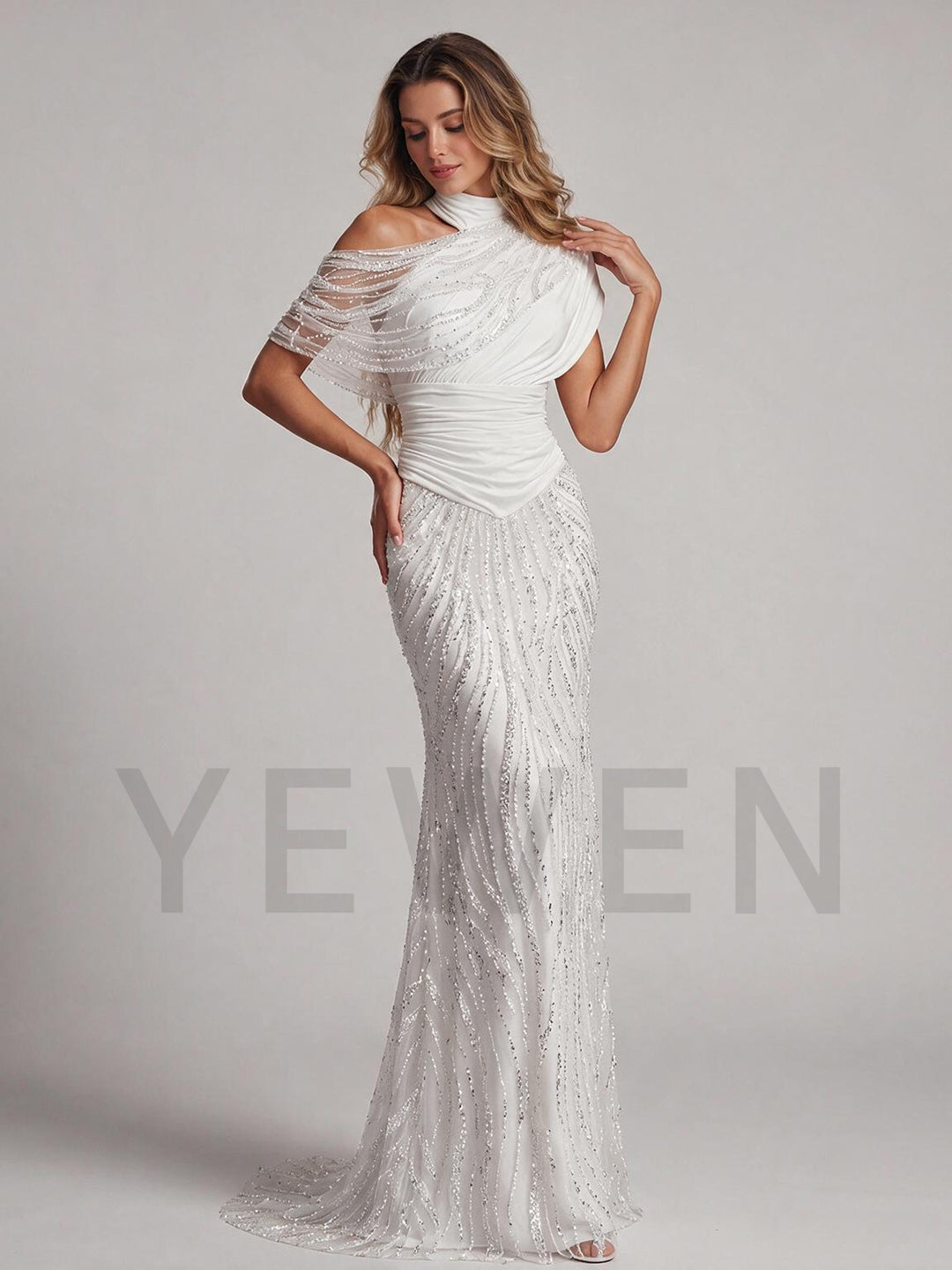 Ivory One-Shoulder Sequin Mermaid Wedding Dress with Beaded Skirt
