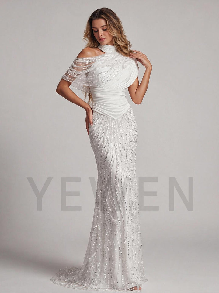 Ivory One-Shoulder Sequin Mermaid Wedding Dress with Beaded Skirt