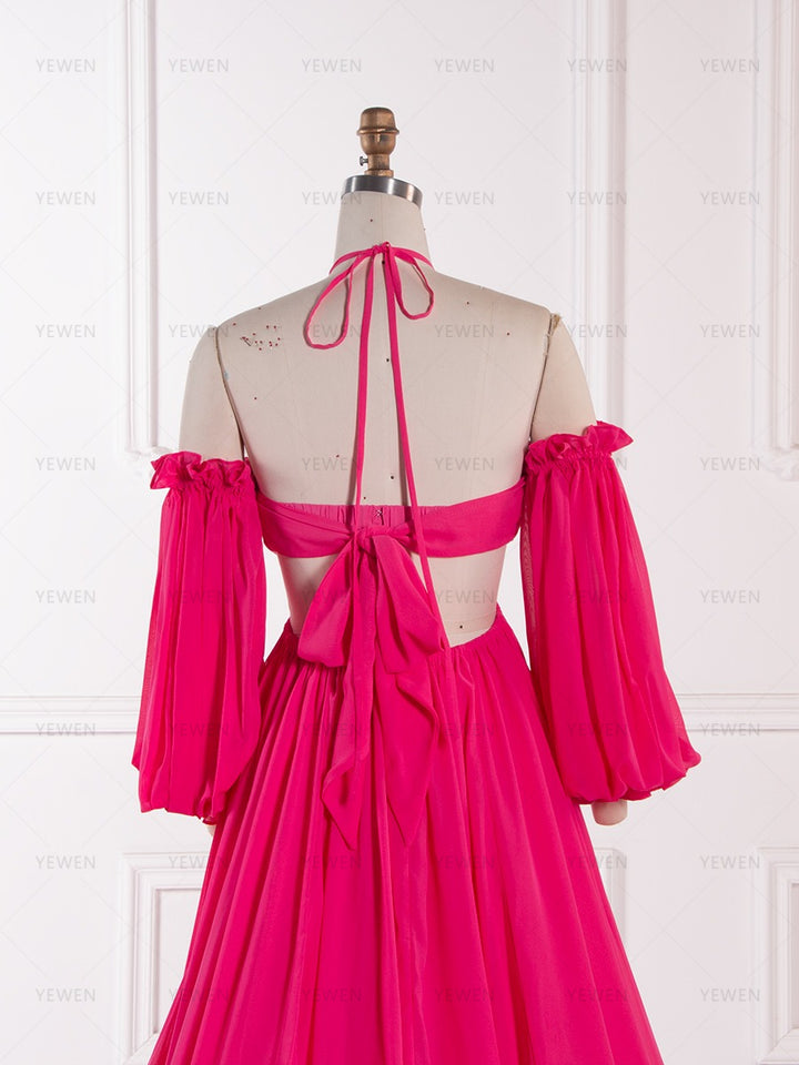 Bohemian Chiffon Photoshoot Dress Side Leg Slit Detachable Sleeves FlowyDress YW260236