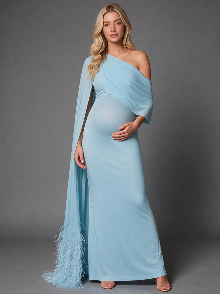 Blue Draped Cape Sleeve Maternity Baby Shower Dress With Feather Hem YD260834