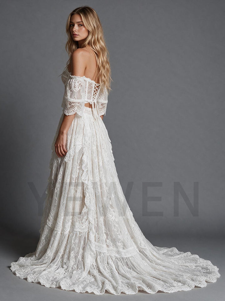 Ivory Two-Piece Off-Shoulder Draped Sleeves Lace Wedding Dress