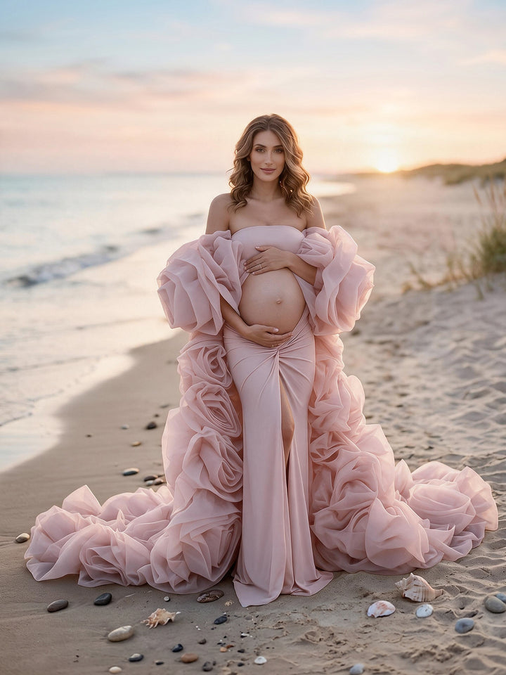 Rose Flower Cape with Slim Dress Set Pregant Dress Maternity Photoshoot Gown YW260313