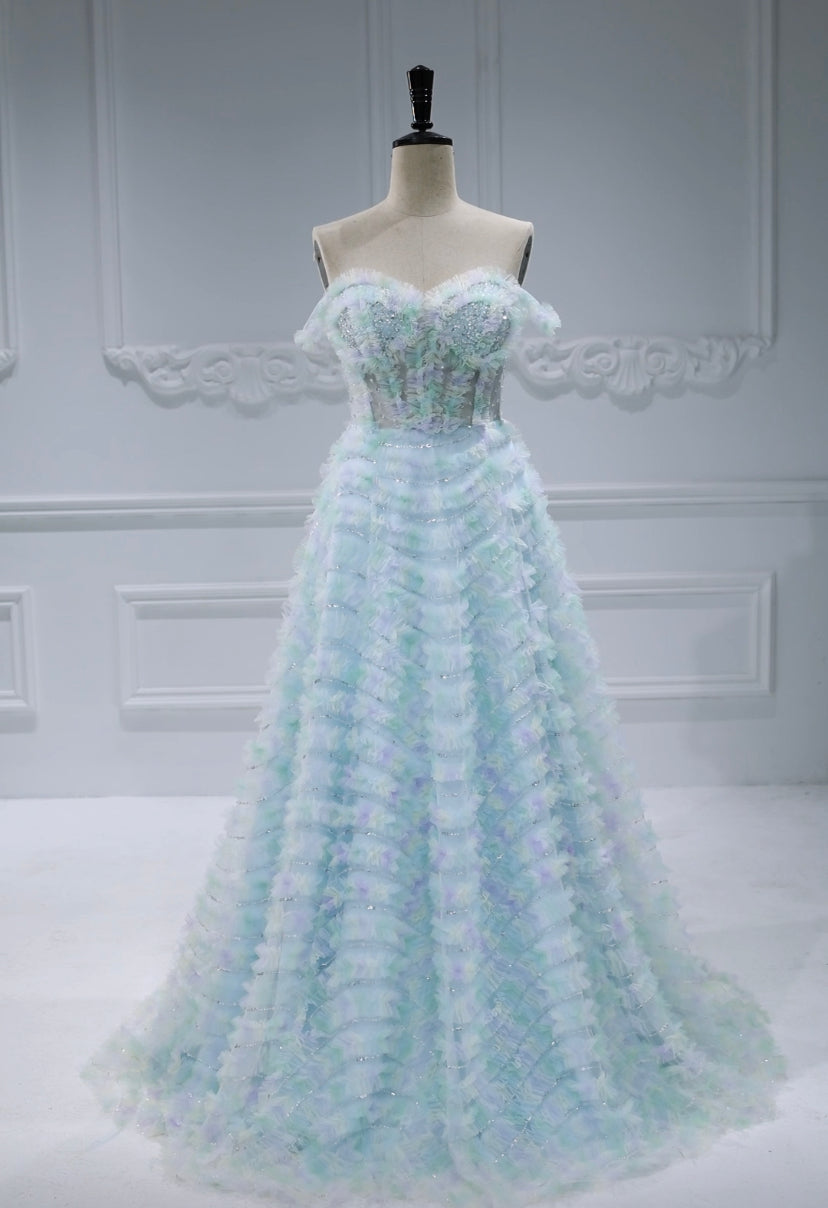 Elegant Gradient Color, Tulle Corset, Top Ruffles , Prom Dress,  Photography Gown