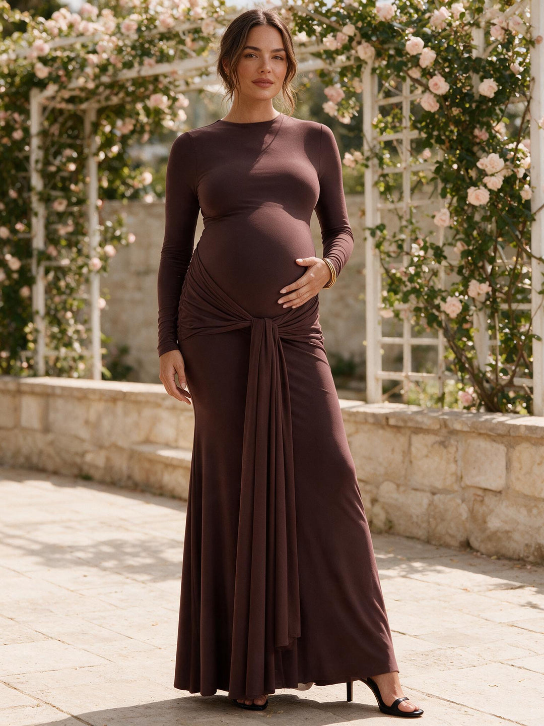 Brown Ruched Maternity Dress Fall Baby Shower Photoshoot Gown