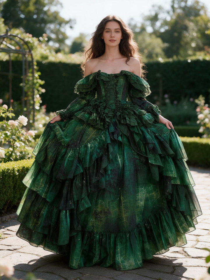 Vintage Print Puff Sleeve Tiered Ruffle Princess Dress YW2610155