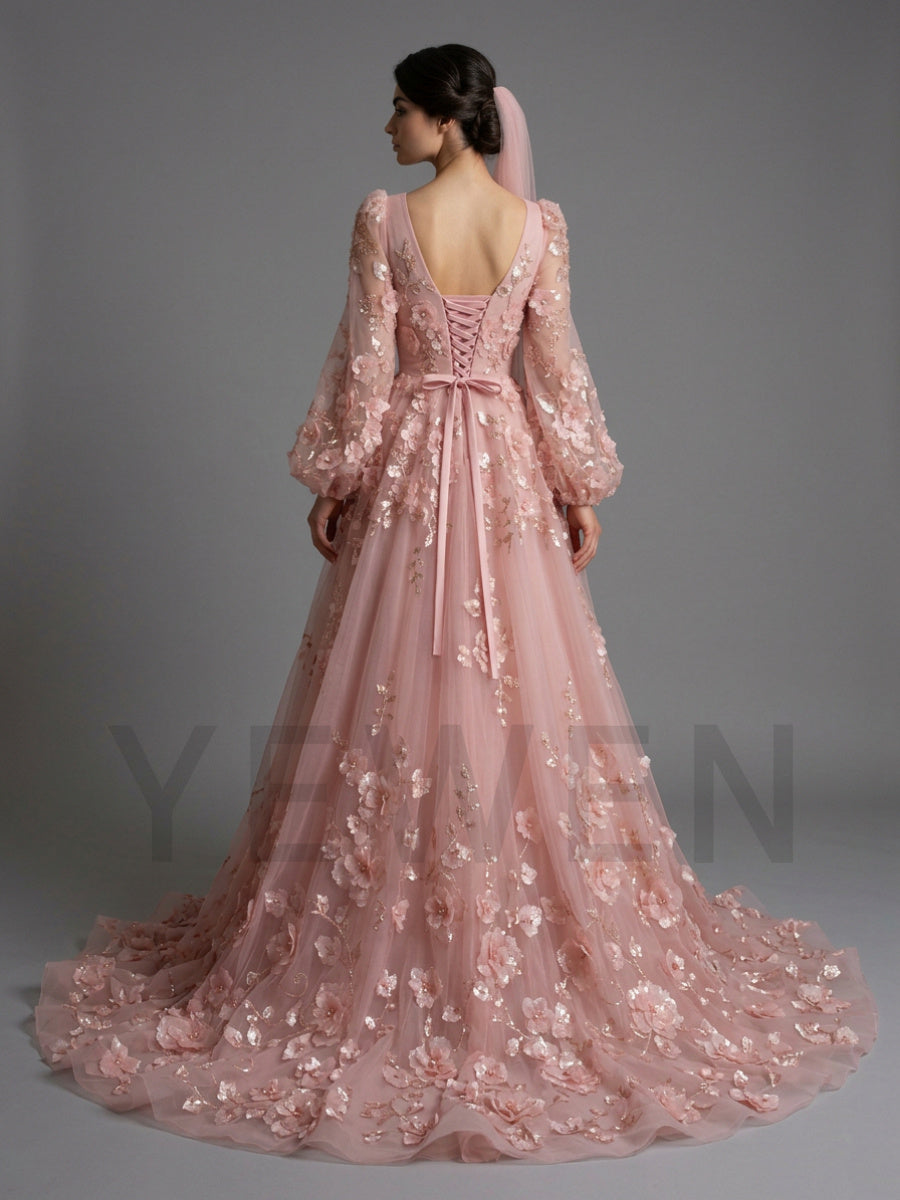 Pink 3D Floral Puff Long Sleeves Evening Gown with Train YD260925