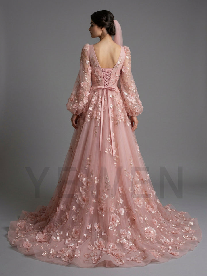 Pink 3D Floral Puff Long Sleeves Evening Gown with Train YD260925