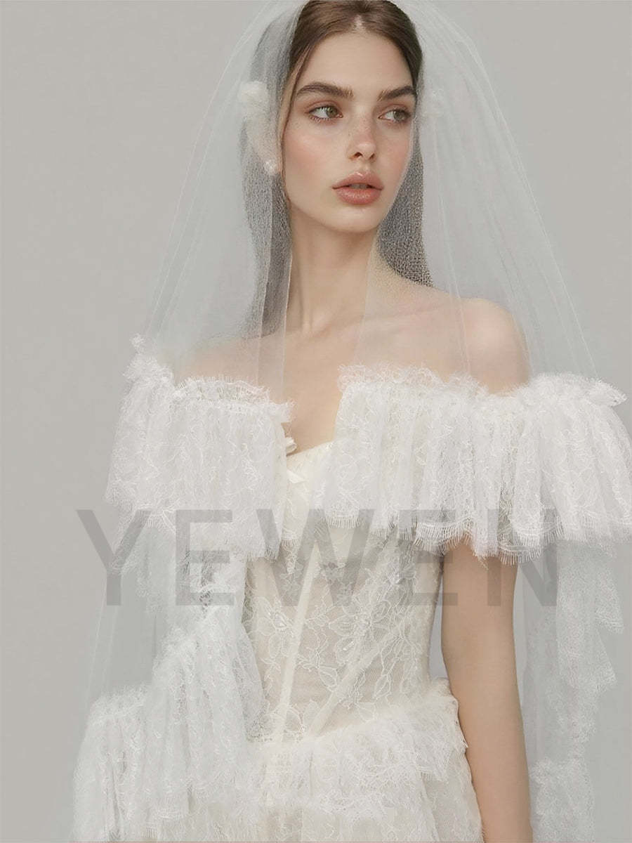 Bridal Wedding Dresses Strapless Lace bohemian Wedding Dress Layer Ruffles Long Customized Gown