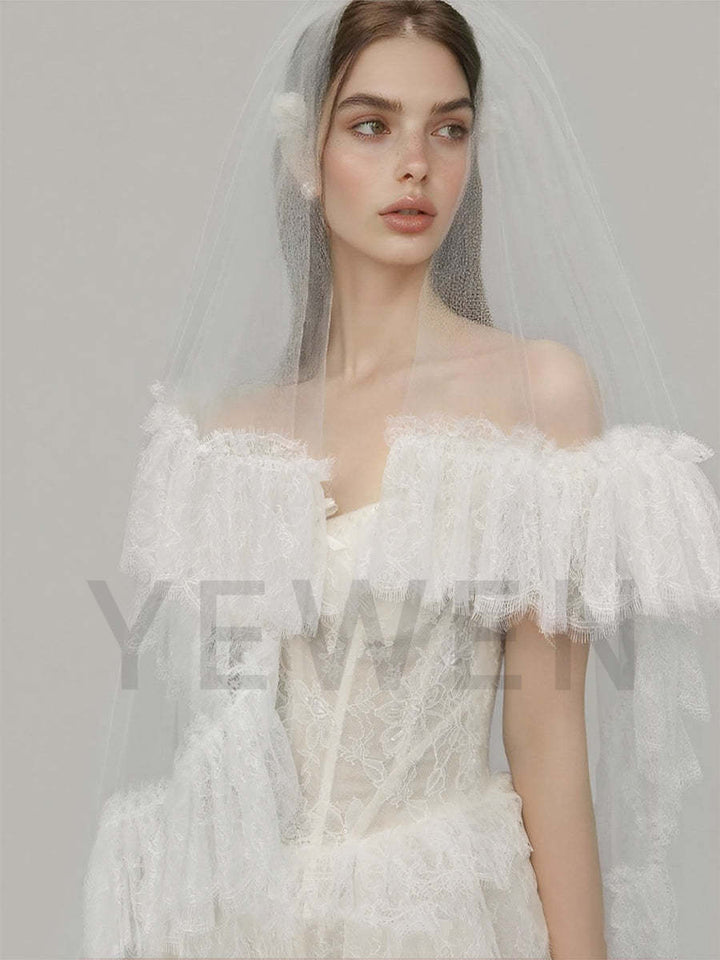 Bridal Wedding Dresses Strapless Lace bohemian Wedding Dress Layer Ruffles Long Customized Gown