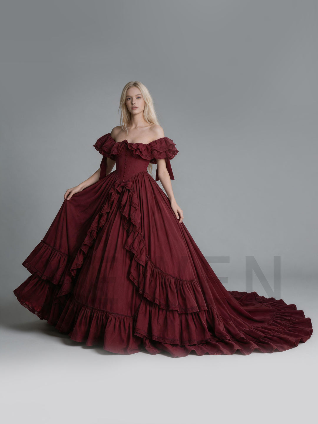 Burgundy Off-Shoulder Ruffled Corset Tiered Christmas Dress YW2610096