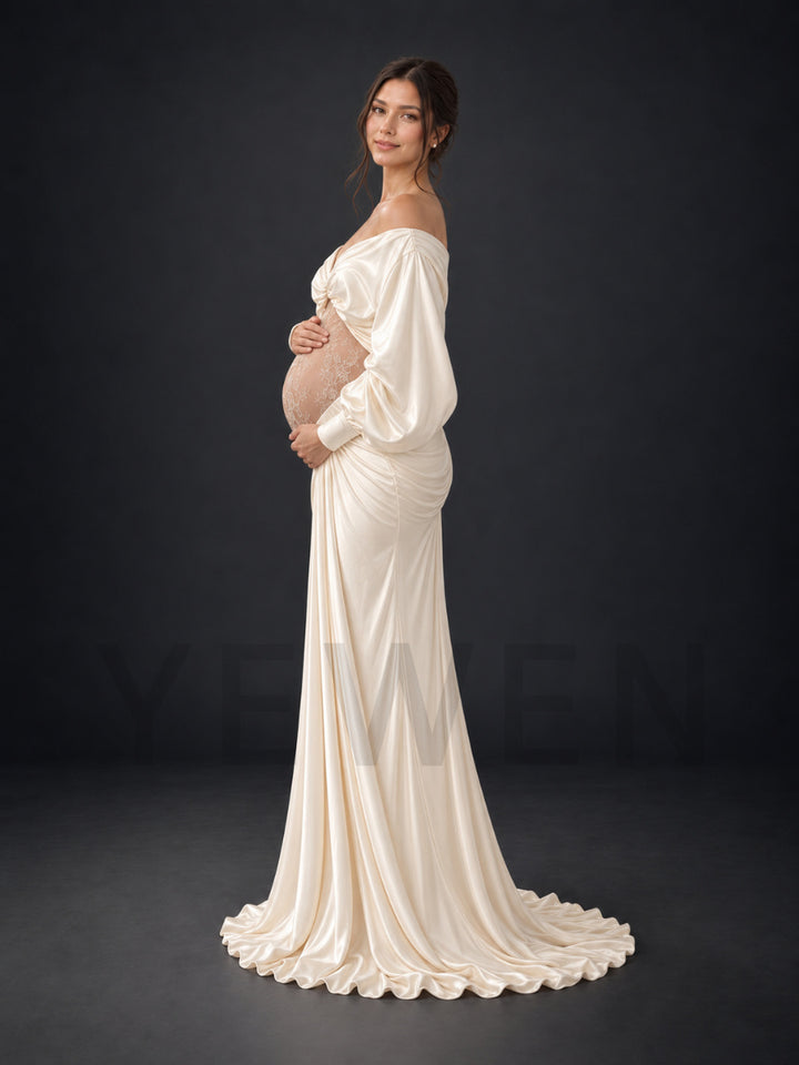 Off-Shoulder Sheer Lace Belly Maternity Photoshoot Gown HY269006
