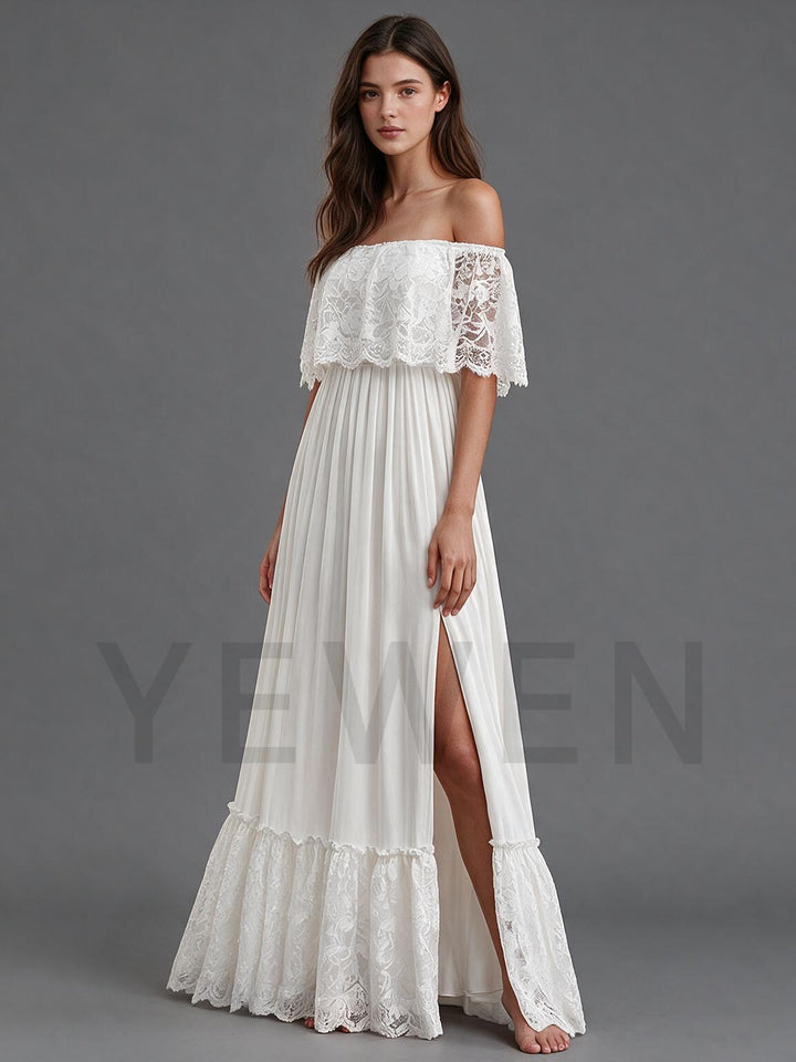 Ivory Off-Shoulder Ruffle Lace Pleated Boho Wedding Dress