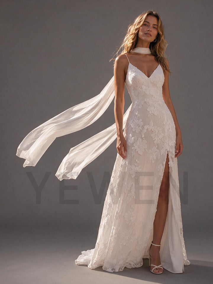 Ivory Spaghetti Strap V-Neck Floral Wedding Dress with Flowy Scarf